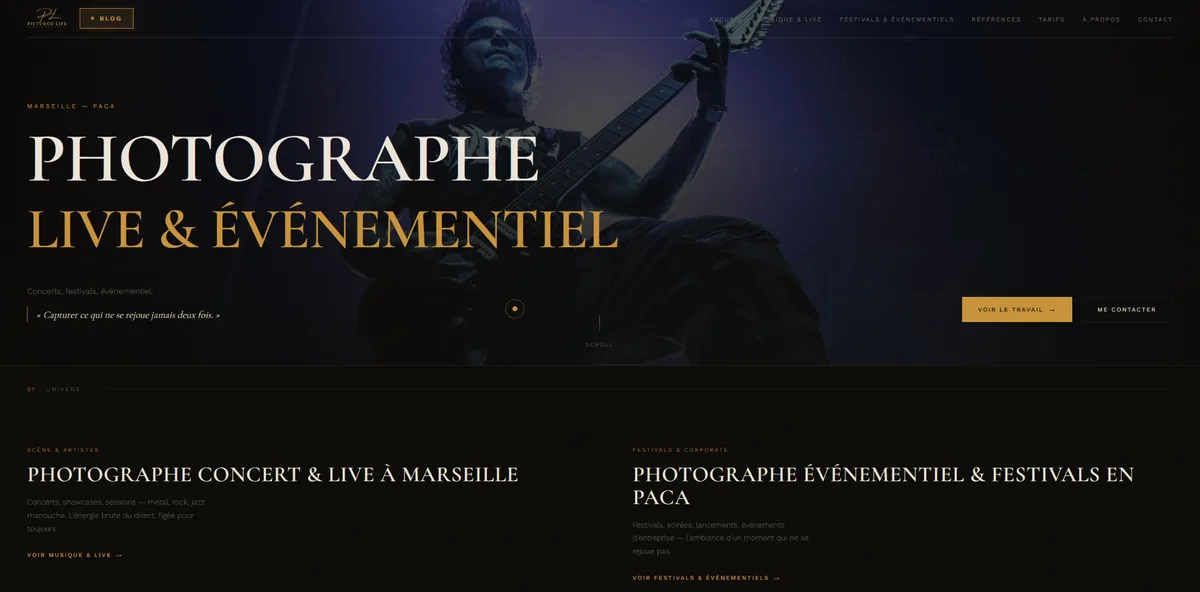 Aperçu du site Pictured Life, réalisation web pour la photographie live et événementielle